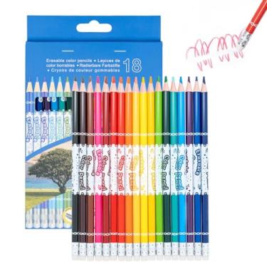 Imagem de Ouksma Conjunto de 18 lápis de cor apagáveis, lápis de cor com borrachas, materiais de arte escolar para desenhar, colorir, esboçar, projetos de arte (18 cores)
