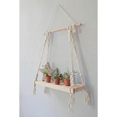Imagem de Decazone ® Prateleira para pendurar na parede Macramé Prateleira flutuante de madeira de pinheiro com passador de madeira, decoração moderna e chique para dormitório, sala de estar, berçário, bege, 55
