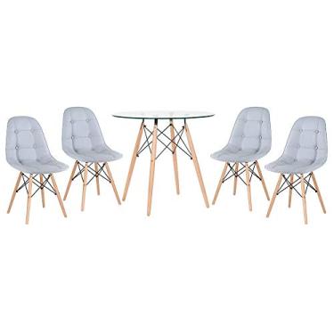 Imagem de Loft7 Home Decor, Kit Mesa de Vidro Eames 80 cm + 4 Cadeiras Eames Botonê - Cinza Claro