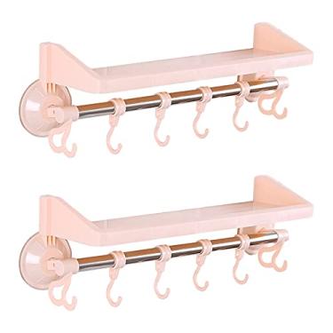 Imagem de 3FLQOOPP Prateleiras de banheiro, organizador de chuveiro autoadesivo montado na parede, cesto de armazenamento, bandeja com 6 ganchos, sem necessidade de broca, conjunto de 2 peças, organizador de