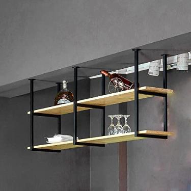 Imagem de SGeneE Suporte de garrafa de vinho para pendurar no teto, suporte de garrafa de vinho, prateleira de teto industrial de 2 camadas para exibição de livros, armazenamento e decoração, prateleira de