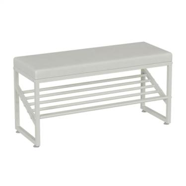 Imagem de Sapateira de entrada organizador de sapatos com assento acolchoado, banco de sapatos de 2 camadas com prateleiras de armazenamento e organizador de sapatos de assento de couro sintético (cor: branco