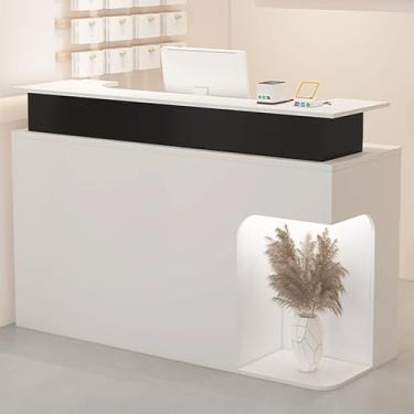 Imagem de Mesa de recepção moderna com gaveta e armário de armazenamento, mesa de balcão frontal branca para escritório, balcão de caixa com armazenamento aberto - 130 x 50 x 100 cm