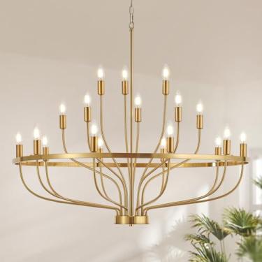 Imagem de Widluth Lustre dourado moderno de 100 cm vintage 18 luzes estilo vela moderna de meados do século lustres luminárias grande lustre dourado rústico para sala de jantar, ilha de cozinha, sala de estar
