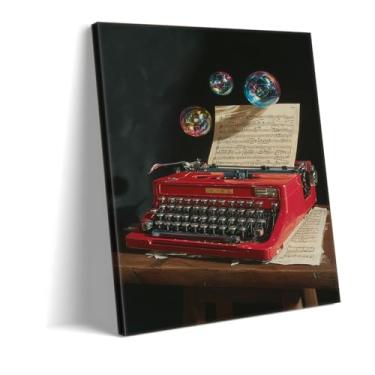 Imagem de Impressão artística de máquina de escrever vermelha estética, decoração de parede musical caprichosa, tela de estúdio de escritor retrô, decoração nostálgica de escritório Dark Academia, presente de
