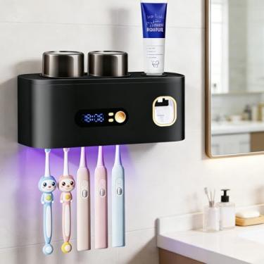 Imagem de ALLGLAM Suportes de escova de dentes montados na parede, dispensador automático de pasta de dente USB com secagem e limpeza inteligentes, 5 compartimentos para escova e 2 copos para organizador de