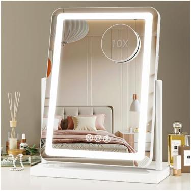 Imagem de Novlux Espelho de maquiagem com luzes, espelho de maquiagem iluminado Hollywood de 45,7 cm x 35,56 cm para mesa e quarto, 3 modos de iluminação coloridos, controle de toque inteligente, rotação de 360