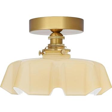Imagem de RAUGAJ Lustres, luzes de teto, luz de teto de latão semi-embutida, luminárias de teto de sombra de vidro pequenas fofas para entrada de corredor de armário / amarelo