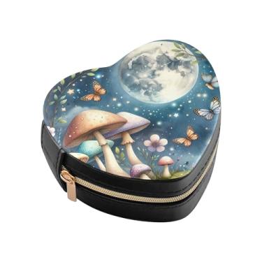 Imagem de Burbuja Caixa de joias em forma de coração de lua de cogumelos mini estojo de joias de viagem para mulheres e meninas, estojo portátil organizador de armazenamento para brincos, anéis, colares e
