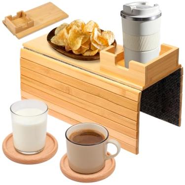 Imagem de Bandeja de braço de sofá, bandeja de braço de sofá de madeira com 1 bandeja, 2 tapetes para copos, organizador de apoio de braço dobrável antiderrapante para telefones, tablets, controles remotos