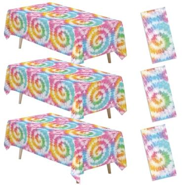 Imagem de FVABO Decorações de toalha de mesa de festa Rainbow Tie Dye, 3 peças descartáveis de toalha de mesa tie dye pastel, toalha de mesa espiral colorida para aniversário, verão, anos 60, 70, retrô