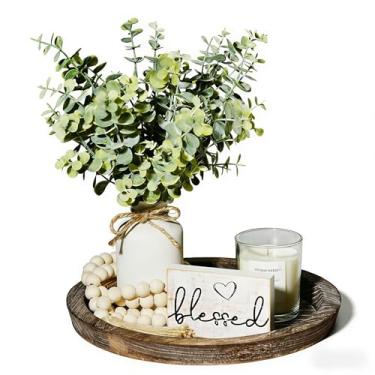 Imagem de ZENLIV Conjunto de 6 peças de decoração rústica moderna de fazenda, para sua sala de estar, balcão de cozinha, lareira ou mesa de centro de mesa, bandeja decorativa redonda de madeira para sala de