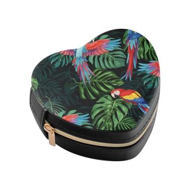Imagem de Burbuja Caixa de joias em forma de coração de papagaios tropicais mini estojo de joias de viagem para mulheres e meninas, estojo portátil organizador de armazenamento para brincos, anéis, colares e