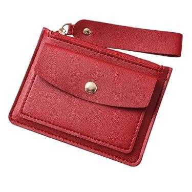 Imagem de Bolsa feminina fina com bolso oculto - 4 compartimentos para cartão e zíper, carteira de poliuretano ultrafina de 0,3 cm, 60 g, 11,3 x 8,3 cm (preto, amarelo, verde, rosa, azul, roxo, café), Vermelho