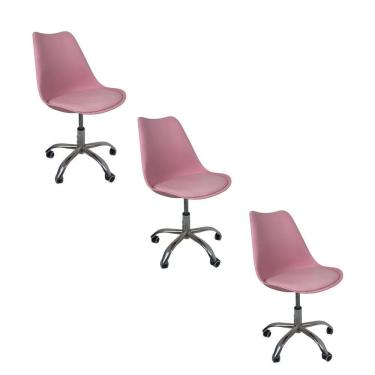 Imagem de Kit 3 Cadeiras Office Base Cromada Com Rodizio Giratória Saarinen Rosa