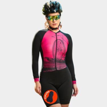 Imagem de Macaquinho de Ciclismo Feminino Manga Longa Bike Roda Rosa Forro Espum