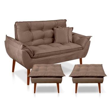 Imagem de Kit Poltrona Decorativa Namoradeira 2 Puffs Opala E 2 Almofadas Suede - Lm Decor Cappuccino
