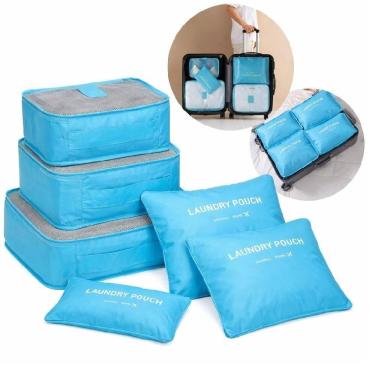 Imagem de Jogo Organizador De Malas 6 Peças Azul Kit Bolsa Viagem Necessaire Porta Roupas Sapato Calcinha Biquini Acessorios Ziper
