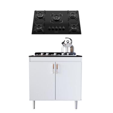 Imagem de Kit Balcão para Cooktop Turim com Cooktop Essencial 5 Bocas 2 Portas MDF-MDP 78cm Branco Movelove