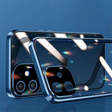 Imagem de A capa protetora do iPhone 12 Pro Max com anti-queda e função magnética forte, com tampa de proteção da lente da câmera, pára-choque de metal de 360 ​​graus, proteção total do corpo de vidro temperado de dupla face (iPhone 12ProMax, azul)