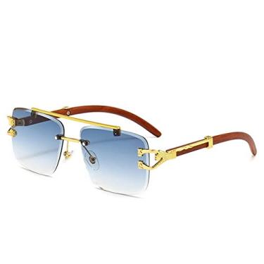 Imagem de Óculos de sol quadrado sem aro com impressão em madeira retrô feminino designer de luxo dourado decoração leão óculos de sol masculino tons oculus, azul, um