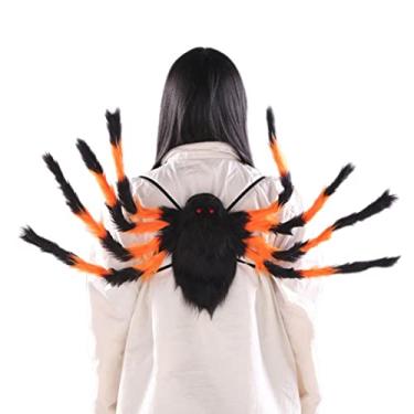 Imagem de Fantasia de mochila de aranha de Halloween, roupas de aranha de homem colorido preto engraçado saco de doces 8 pernas de aranha de pelúcia realista terror mochila de aranha decoração para decorações de festa de quintal pequena surpresa