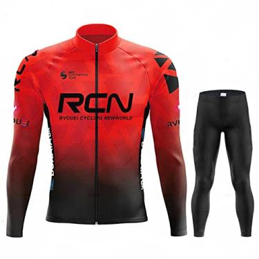 Imagem de Outono Inverno Ciclismo Jersey Ao Ar Livre Térmico Fleece Bicicleta Meia-calça Zíper Completo À Prova de Vento Bicicleta de Estrada Manga Longa Bib Pants, Vermelho, GG (176 CM/80 KG)