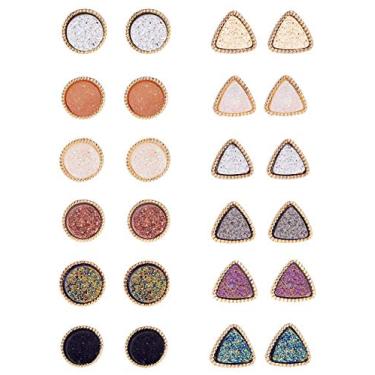 Imagem de 12 pares de brincos de drusa para mulheres, 12 mm, triângulo redondo, resina, conjunto de brincos de aço inoxidável, perfurado, dourado, preto, multicolorido