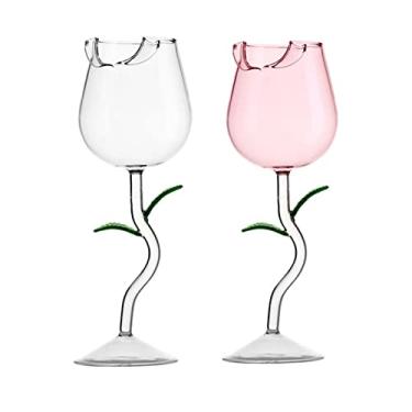 Imagem de Asodomo 2 peças de taças de vinho de flor rosa 280 ml de vidro transparente taças de vinho tinto rosa copo de coquetel taças de champanhe para festa de casamento, aniversário e celebração