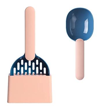 Imagem de SEIS 2 peças de colher de areia para gatos e peneirador de comida, pá profunda de limpeza de lixo com suporte, pá de areia para gatos, copo de medição multifunções com clipe para gatos filhotes pequenos (azul rosa)