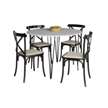 Imagem de Mesa Jantar Redonda Branca Elen 110Cm Hairpin Com 4 Cadeiras Katrina Preta - Cor: Branco