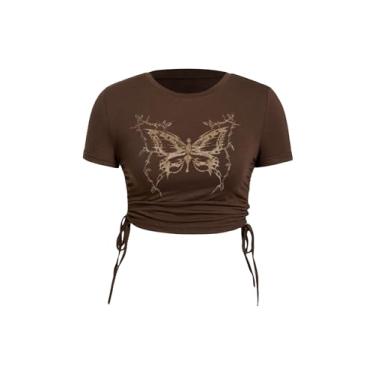 Imagem de Verdusa Camiseta feminina casual gola redonda manga curta estampa borboleta cordão lateral, Marrom chocolate, PP