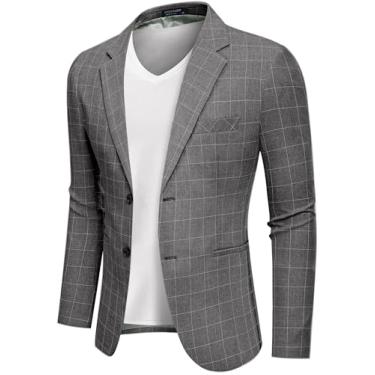 Imagem de COOFANDY Blazer masculino casual slim fit casaco esportivo leve dois botões, Blazer xadrez - cinza, Large