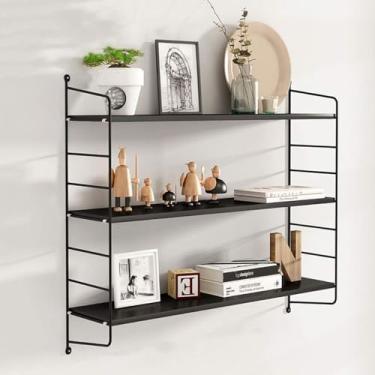 Imagem de Prateleira flutuante de parede, arte em ferro, madeira sólida, 3 camadas, decoração de parede americana, quarto, sala de estar, prateleira suspensa, d