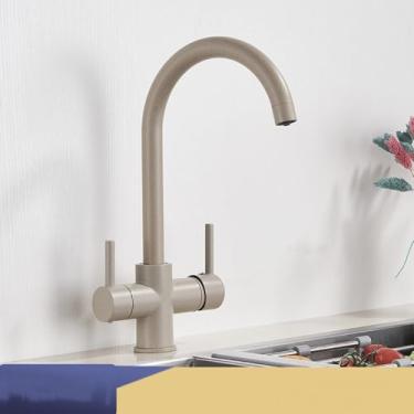 Imagem de Filtro torneira da cozinha cromo beber água pura torneira da cozinha deck montado alças duplas 3 maneiras misturador de água quente e fria, bege com pontos b, 1