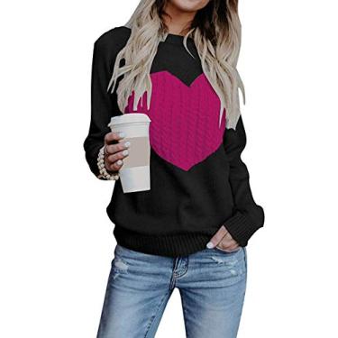 Imagem de BIGPETS Suéter feminino fofo frente coração gola redonda manga longa pulôver tricotado gola redonda, Coração vermelho rosa, M