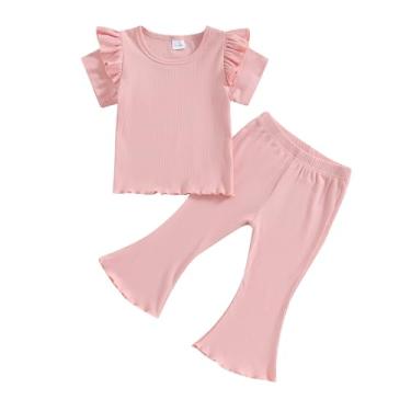 Imagem de WZTYYDS Conjunto de roupas para bebês meninas 2t 3t 4t 5t camiseta canelada manga curta tops e calças flare cintura elástica roupas infantis verão, A - rosa, 3-4 Anos