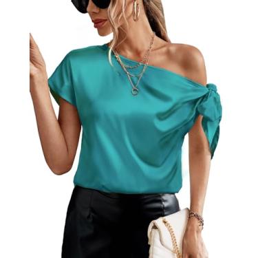 Imagem de AISWI Blusas femininas 2024 de cetim com ombro de fora, elegante, casual, manga curta, gola assimétrica, camisas de seda, Azul, verde, GG