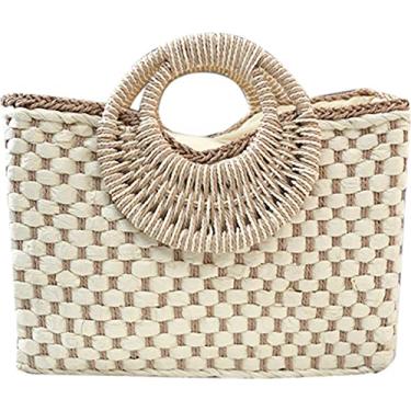 Imagem de QZUnique Bolsa feminina de palha tecida à mão bolsa de verão para praia bolsa retrô de vime bolsa de viagem com alça superior redonda de madeira, G-bege, One Size