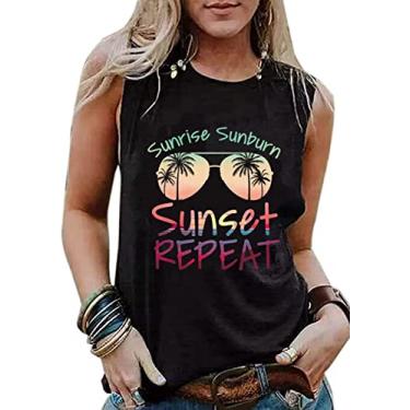 Imagem de Camisetas regatas femininas divertidas de verão, sol, sal, areia, praia, coqueiro, casual, sem mangas, pôr do sol, girassol, estampado, camisetas, Preto-2, G