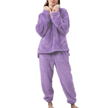 Imagem de Conjunto de pijama de flanela plus size para mulheres, gola V, blusa de lã, casual, roupa de inverno quente para casal, G - roxo, M