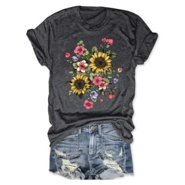 Imagem de Camiseta feminina com estampa de flores boêmias, vintage, estampa de flores silvestres, casual, botânica, manga curta, Cinza escuro - 6, GG
