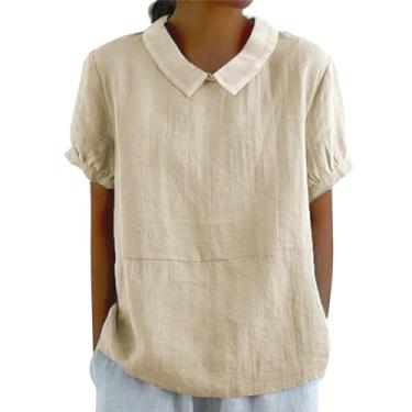 Imagem de Camisetas femininas de linho de cor sólida de verão gola em V manga curta 2024 blusas modernas confortáveis camisetas casuais soltas, Bege, 3G
