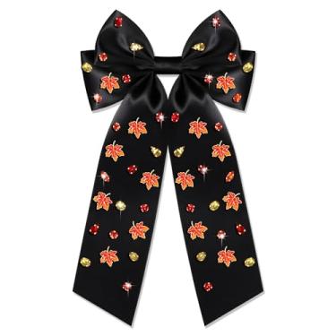 Imagem de Boderier Laços de cabelo de ação de graças para mulheres, folha de bordo, laços de cabelo, presilha de cabelo com joias de cristal de cetim, presilhas de cabelo para mulheres, folha de bordo, preto