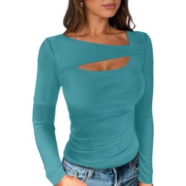Imagem de ioiohahaun Camisetas femininas recortadas modernas e sexy de manga comprida com nervuras slim fit 2024 outono moda para sair, Azul royal, G
