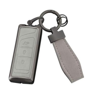 Imagem de HIBEYO Capa de chaveiro compatível com GAC Trumpchi GS5 2020 2021 2023 GS8 2017 2018 2019 Acessórios Capa de chave de couro e liga de zinco com chaveiro Gift-E Tipo Cinza