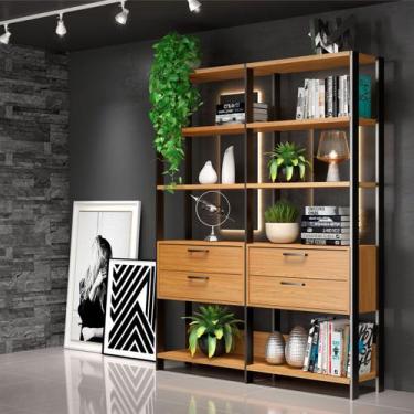 Imagem de Conjunto 2 Estantes com Gaveteiro 73x185cm Freijó Preto Fosco Pradel -