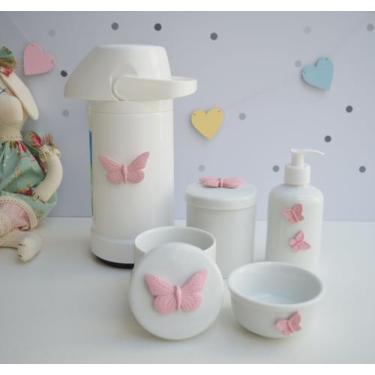 Imagem de kit Higiene Bebê Potes K021 Cotonete Flor Rosa Algodão Limpeza Porcela