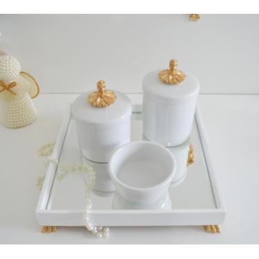 Imagem de Kit Higiene K049 Bandeja MDF Porcelanas Apliques Dourado Quarto Bebê -