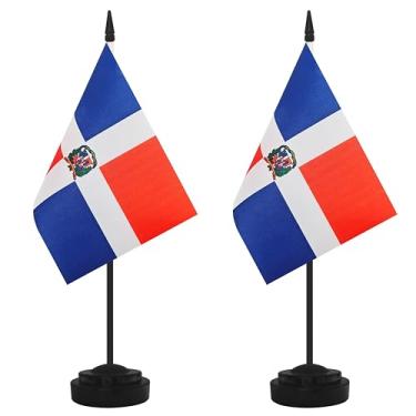 Imagem de Conjunto de 2 bandeiras de mesa Dominica, mesa dominicana pequena mesa em miniatura bandeira de escritório com poste preto de 30 cm e base preta, escritórios, sala de aula, casa, decoração de festival